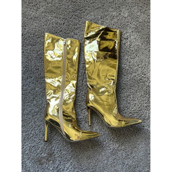 Gold Metallic Stiletto Heel Knee High Boots Pointed Toe Party Glam - Picture 1 of 5